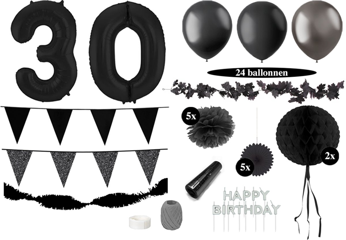 Feest zonder Fratsen - 30 jaar - 30 jaar verjaardag versiering - Zwarte ballonnen - Zwarte slingers