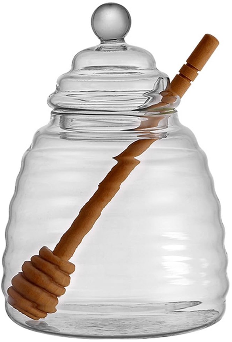 Ynkkvre - Honingpot met Houten Lepel - Spiraal Design - Voor Honing & Siropen - Met Borosilicaat Glas - Van Natuurlijk Hout & Glas