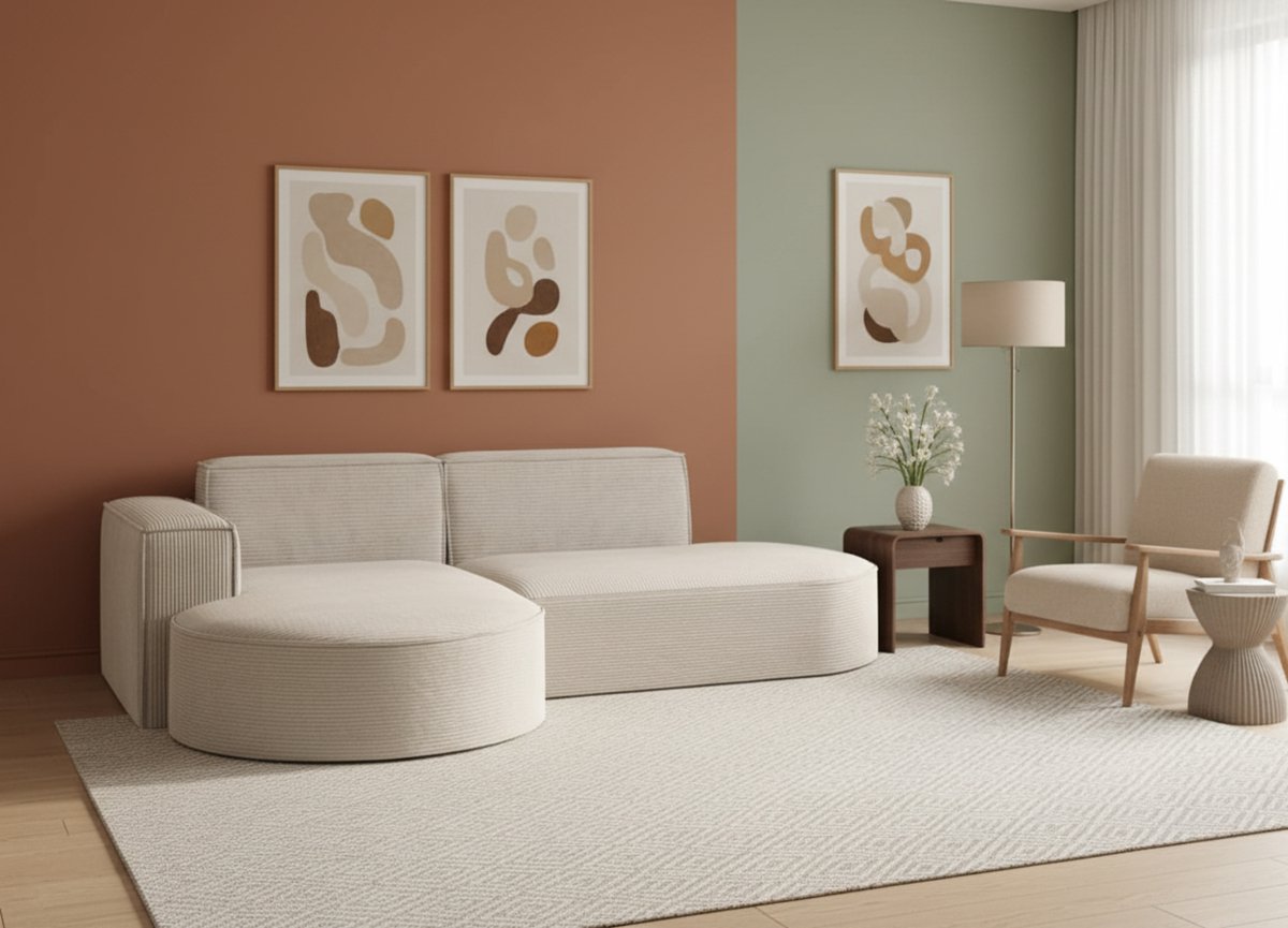Hoekbank met Slaapfunctie L-Vorm 236x165 cm – Luxe Dicker Cord Ecru – Moderne Slaapbank met Opbergruimte – Comfortabele Stoffen Hoekbank Links – Premium Design Bank voor Woonkamer – Modena Studio Edition – MedahomeStore