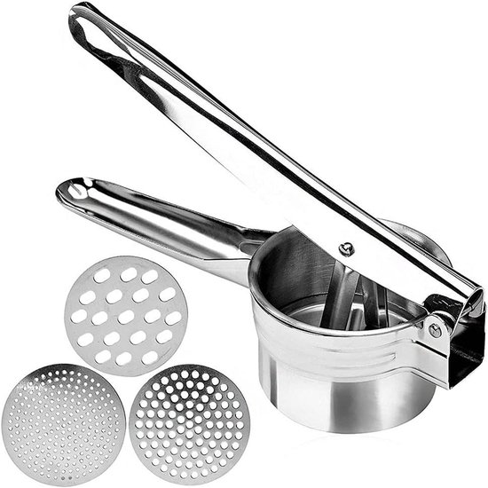 Roestvrijstalen aardappelrijstmachine, fruitgroentestamper, metalen voedselstamper, zware aardappelstamper, roestvrijstalen voedselpers met zwarte antislip handgreep, voor pers aardappel, jam