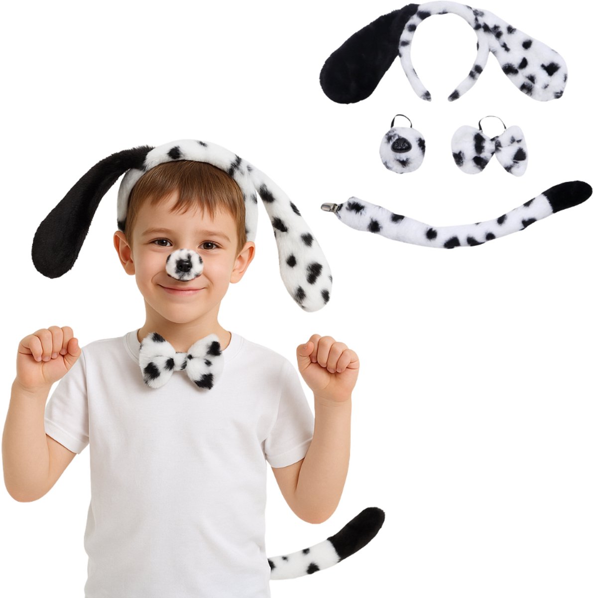 Joya Kids® Hond Dalmatier Verkleed Accessoires | Verkleedset Honden | Verkleedpak Puppy | Carnaval Halloween Outfit | Haarband Oren, Neus, Staart Strik | Zwart Wit Stippen
