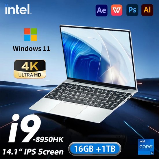 Laptop 14.1 inch FHD | Intel Core i9-8950HK | 16GB RAM | 1TB SSD | Windows 11 Pro | IPS | 90Hz | Zilver - Merkloos - Hoofdafbeelding