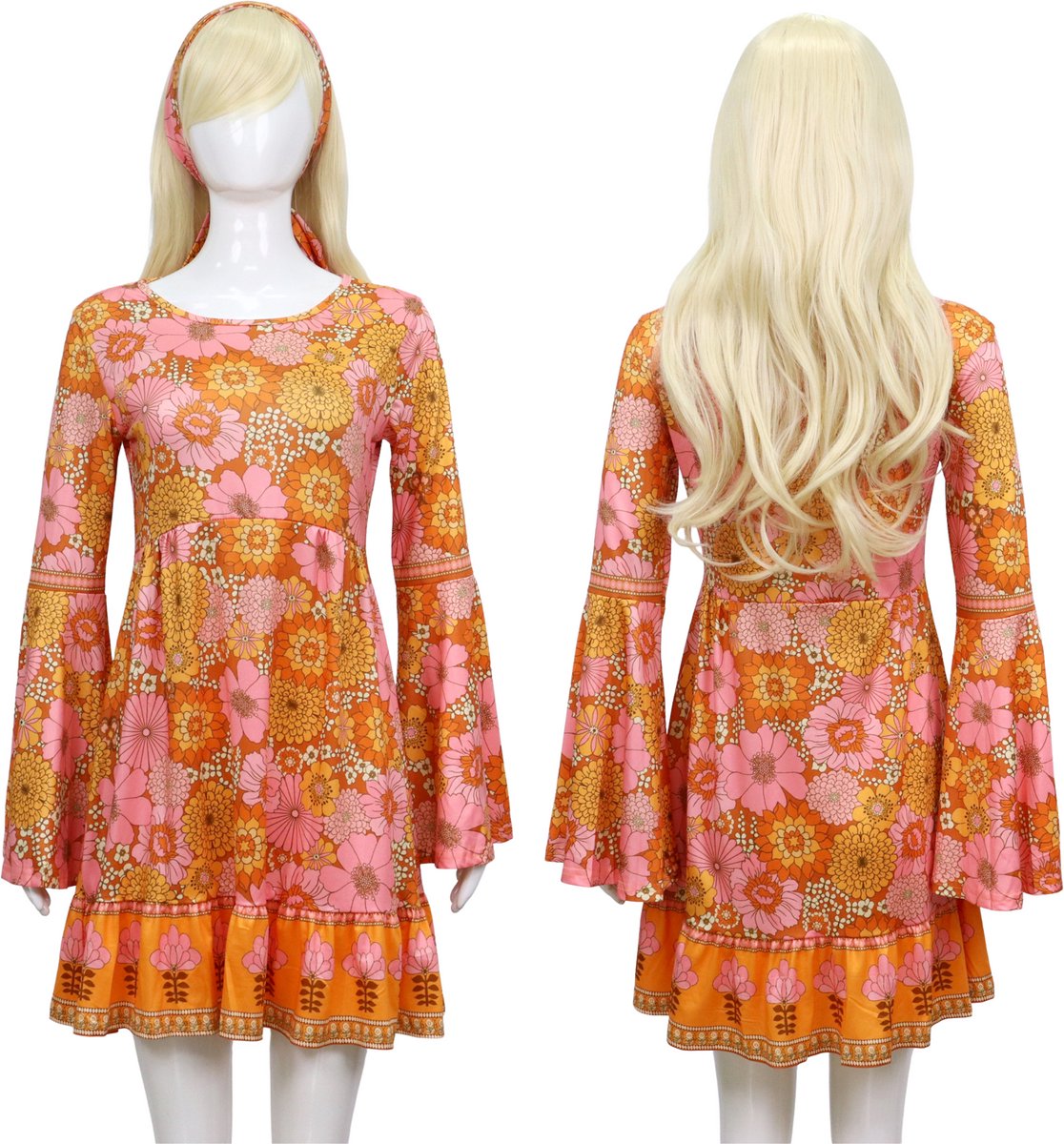 Joya Party® Hippie Verkleedjurk Dames Oranje Roze | Jaren Flower Power Kostuum | Inclusief Haarband | Verkleedkleding Bloemen Volwassenen | Stretch Stof | Carnaval / Themafeest | — afbeelding 5