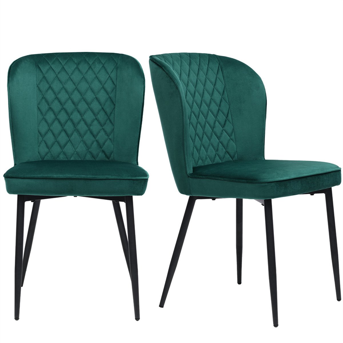 YEHTOKHOME Eetkamerstoel, Set Van 2, Moderne Keukenstoel, Gestoffeerde stoel, Fluwelen stoel met rugleuning, Groen Velvet, Zwart metalen poten, 47 x 49 x 86 cm