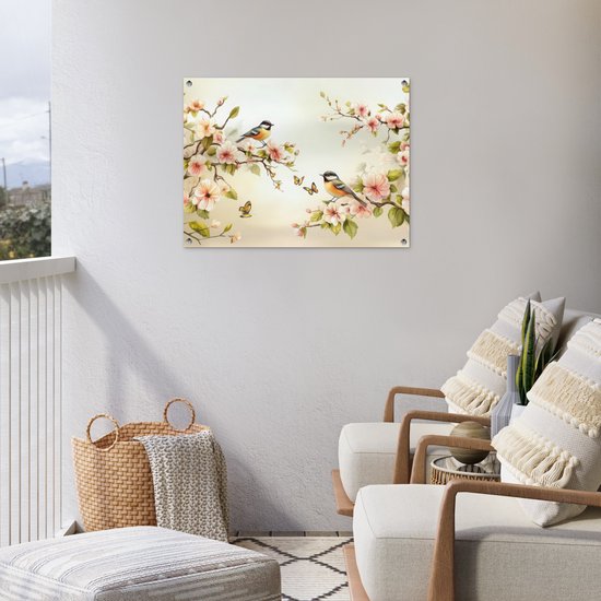 Affiche de jardin 80x60 cm - Décoration de jardin Branches - Fleurs - Oiseaux - Rose - Affiche pour le jardin - Décoration extérieure - Tableau de jardin clôture - Décoration murale sur toile de jardin - Décoration murale sur toile de balcon