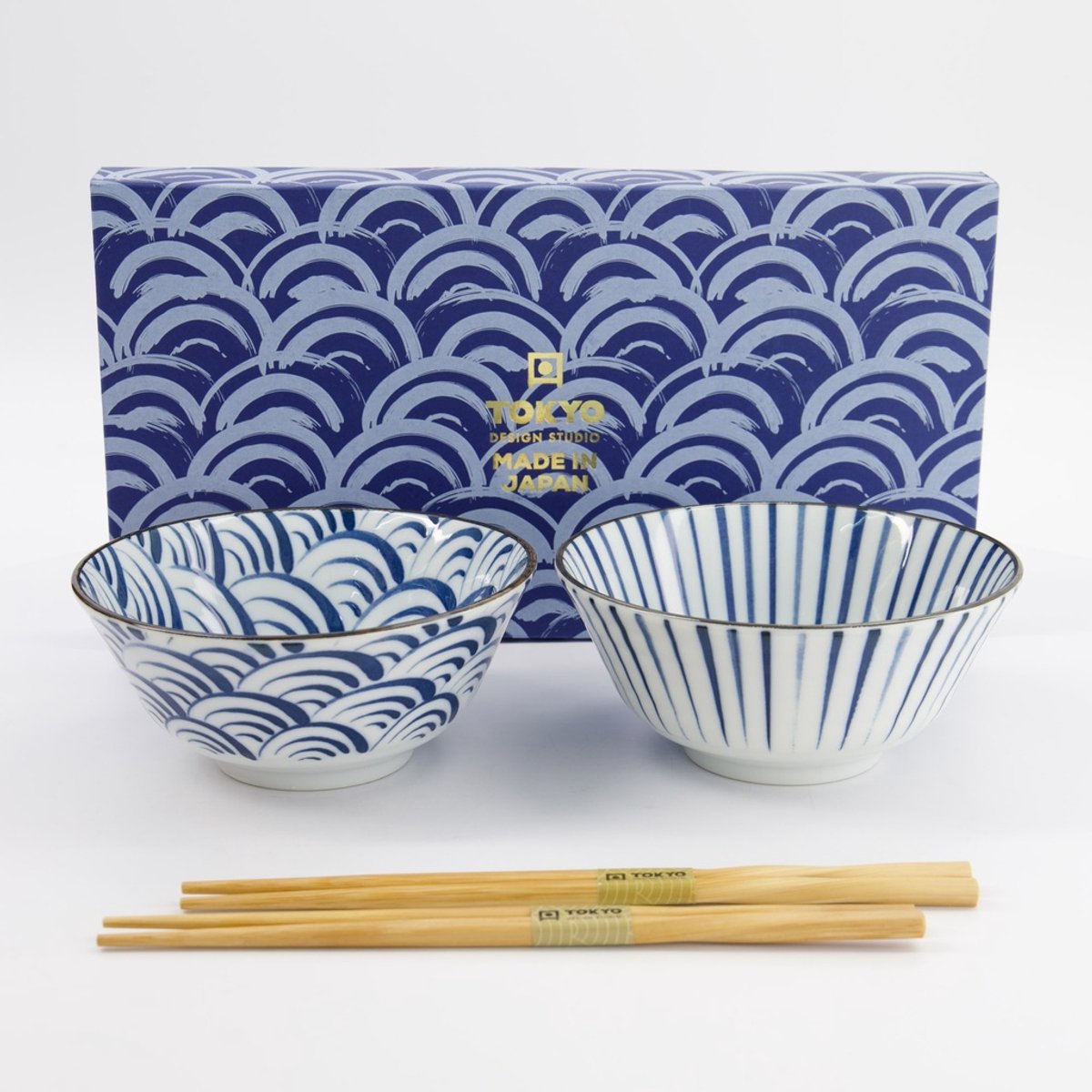 Tokyo Design Studio Natsu Tayo Bowl Giftset 2pcs w/chopsticks 15.2x6.7cm 500ml Blue/White - Cadeauset van 2 kommen Made in Japan
