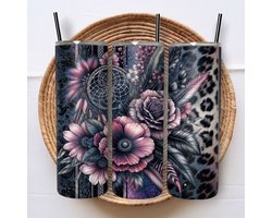 Creasowl® Bloemen Luipaard Patroon Tumbler 600ml – Herbruikbare Drinkbeker met Deksel en Rietje – Trendy To Go Beker voor Koude en Warme Dranken – Duurzame en Stijlvolle Drinkfles – Leuk Cadeau voor Vrienden, School, Werk of Onderweg