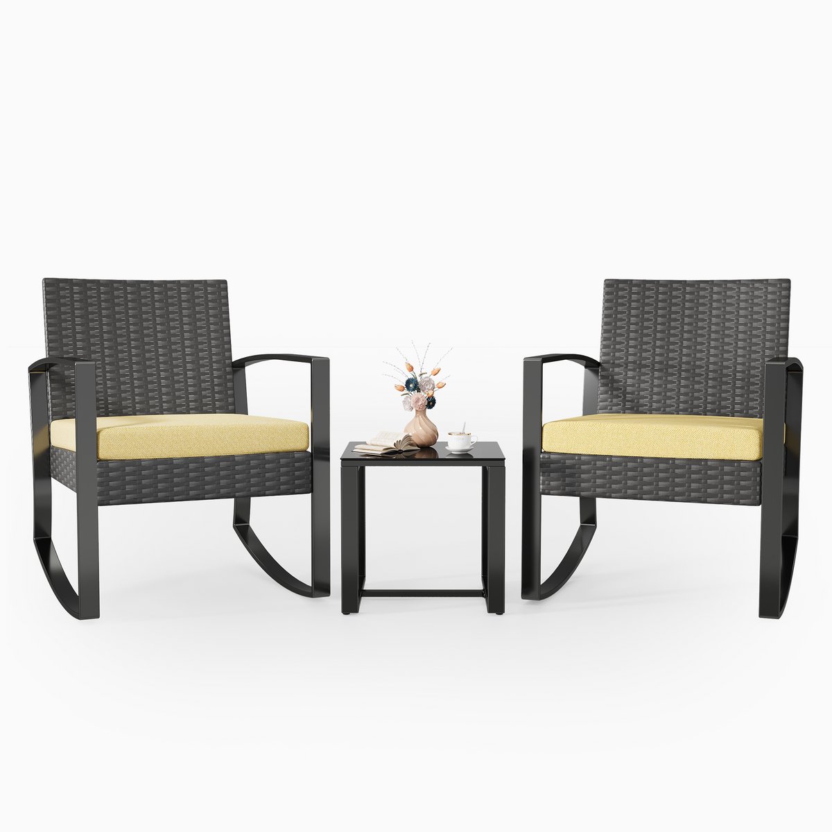 Xbro Tuinset – 3-delige Zitgroep met Rotan Stoel en salontafel , Weerbestendig en Ruimtebesparend – Outdoor loungeset – Balkonset voor Tuin, Terras en Zwembad – 60 x 50 x 80 cm – Geel