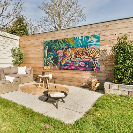 Affiche de jardin 160x80 cm - Décoration de jardin Léopard - Coloré - Tropical - Affiche pour le jardin - Décoration extérieure - Tableau de jardin clôture - Décoration murale sur toile de jardin - Décoration murale sur toile de balcon