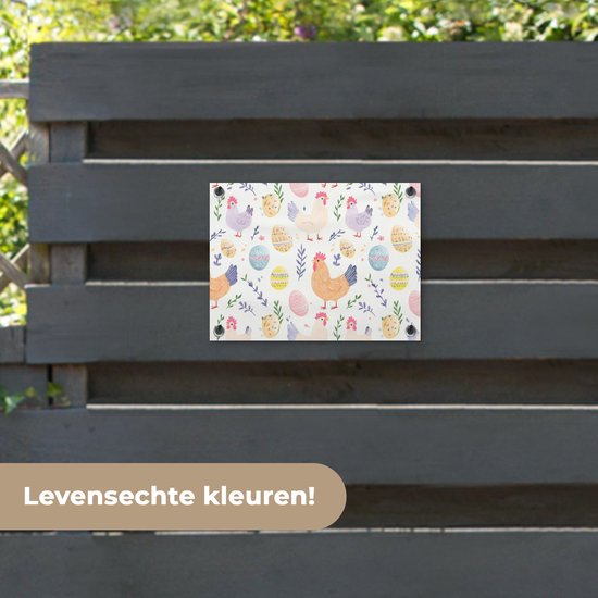 Tuinposter 40x30 cm - Tuindecoratie Patroon - Kip - Paaseieren - Poster voor in de tuin - Buiten decoratie - Schutting tuinschilderij - Tuindoek muurdecoratie - Wanddecoratie balkondoek - Pasen - Paasdecoratie - Paas versiering
