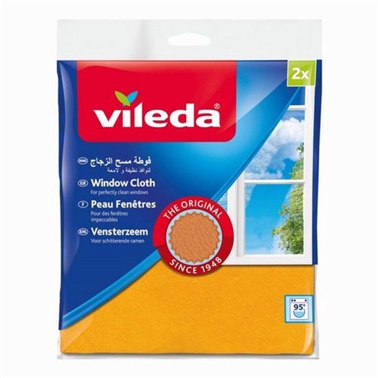 Vileda Vensterzeem 2x: een oranje poetsdoek voor glanzende ramen, met "THE ORIGINAL SINCE 1948"-logo.