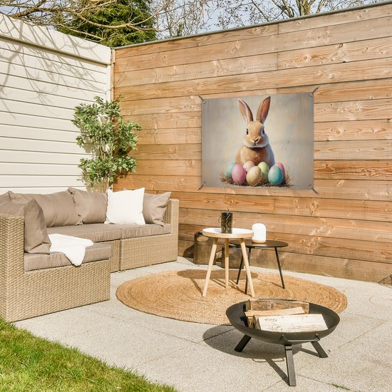 Tuinposter 80x60 cm - Tuindecoratie Paashaas - Pastel - Eieren - Poster voor in de tuin - Buiten decoratie - Schutting tuinschilderij - Tuindoek muurdecoratie - Wanddecoratie balkondoek - Pasen - Paasdecoratie - Paas versiering