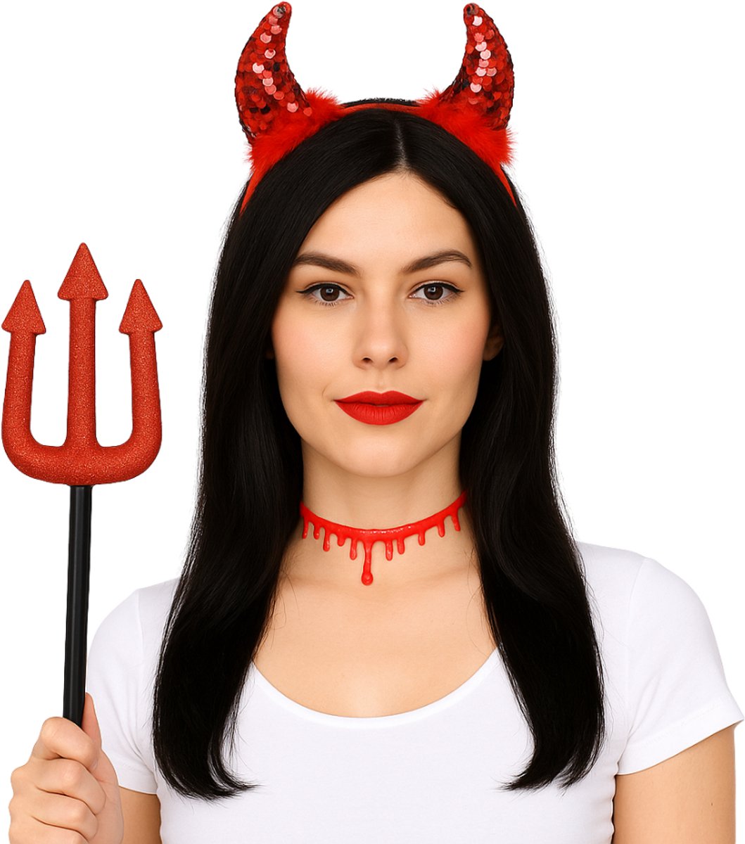 Joya Party® Duivel Accessoires Set Halloween 3-delig | Haarband met Hoorns, Drietand & Bloed Choker | Duivel Hoorntjes | Devil Horns | Dames Verkleed Accessoires | Verkleedset Volwassenen & Kinderen