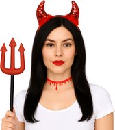 Joya Party® Duivel Accessoires Set Halloween 3-delig | Haarband met Hoorns, Drietand & Bloed Choker | Duivel Hoorntjes | Devil Horns | Dames Verkleed Accessoires | Verkleedset Volwassenen & Kinderen