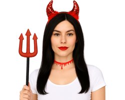 Joya Party® Duivel Accessoires Set Halloween 3-delig | Haarband met Hoorns, Drietand & Bloed Choker | Duivel Hoorntjes | Devil Horns | Dames Verkleed Accessoires | Verkleedset Volwassenen & Kinderen