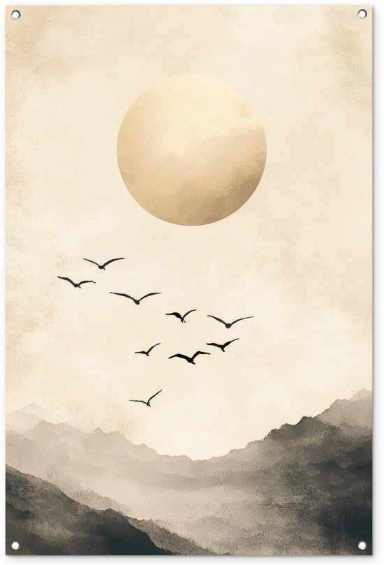 Affiche de jardin 80x120 cm - Décoration de jardin Paysage - Japandi - oiseau - Affiche pour le jardin - Décoration extérieure - Tableau de jardin clôture - Décoration murale sur toile de jardin - Décoration murale sur toile de balcon