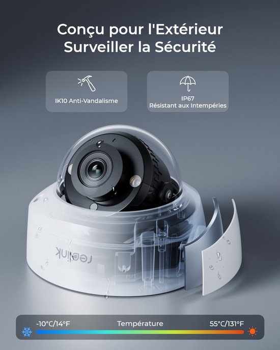 Dome beveiligingscamera met details over IK10 en IP67. Temperatuurbereik.