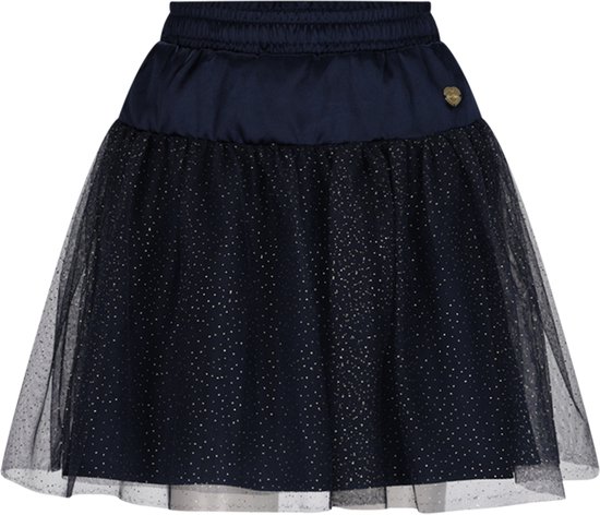Donkerblauwe tule rok met gouden glitterstippen en satijnen band.
