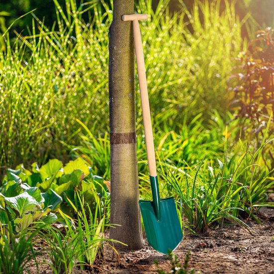 KADAX Schep, tuinspade voor harde en zachte vloeren, tuinschep met treprand, grafschep met houten steel, grafschep metalen blad (spits, T-greep) van Merkloos	 — afbeelding 3