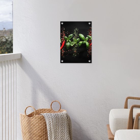 Tuinposter 30x40 cm - Tuindecoratie Chilipepers - Basilicum - Blaadjes - Rood - Poster voor in de tuin - Buiten decoratie - Schutting tuinschilderij - Tuindoek muurdecoratie - Wanddecoratie balkondoek