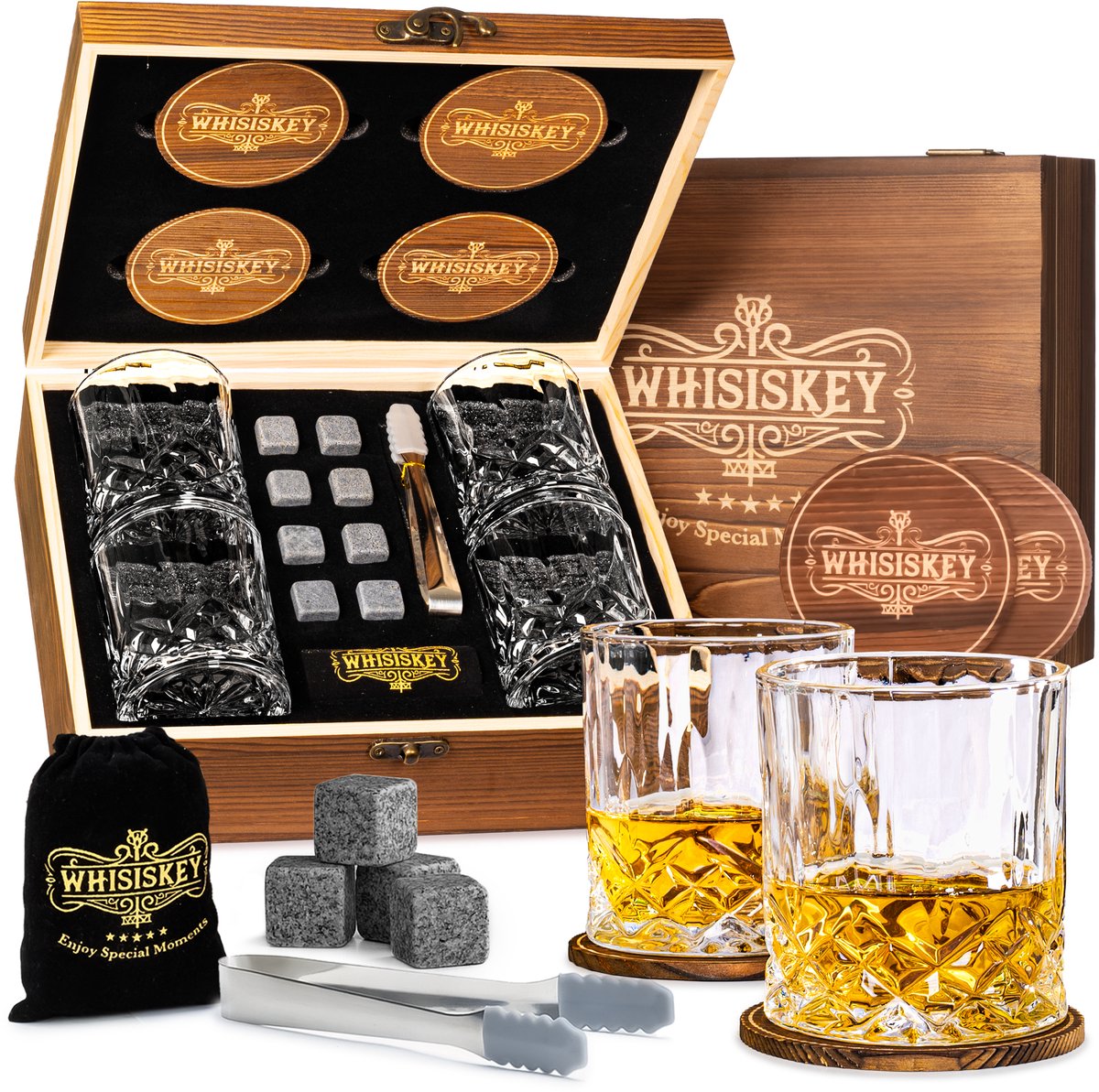 Whisiskey Luxe Whiskey Set - Incl. 4 Whiskey Glazen 250ml, 8 Whiskey Stones, 4 Onderzetters, Fluwelen Opbergzak, Opbergbox - Whisky Geschenkdoos - Glas - Herbruikbare IJsblokjes - Vaderdag Cadeau