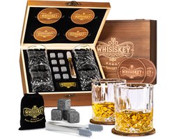 Whisiskey Luxe Whiskey Set - Incl. 4 Whiskey Glazen 250ml, 8 Whiskey Stones, 4 Onderzetters, Fluwelen Opbergzak, Opbergbox - Whisky Geschenkdoos - Glas - Herbruikbare IJsblokjes