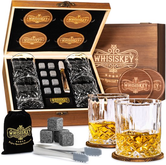 Whisiskey Luxe Whiskey Set - Incl. 4 Whiskey Glazen 250ml, 8 Whiskey Stones, 4 Onderzetters, Fluwelen Opbergzak, Opbergbox - Whisky Geschenkdoos - Glas - Herbruikbare IJsblokjes