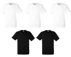 5 Pack Fruit of the Loom Original Heren T-Shirt 100% katoen Ronde hals - Maat XL (WIT/ZWART) + Inclusief 2 TLRGolf Wasknijpers