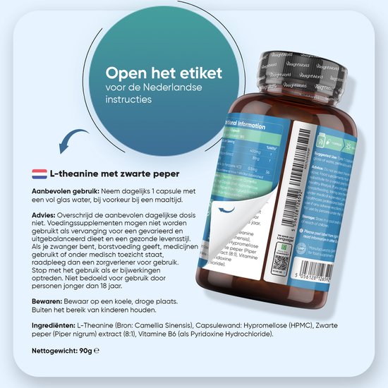 WeightWorld L-Theanine met Zwarte Peper en Vitamine B6 - 400 mg per portie - 180 vegan capsules voor 6 maanden