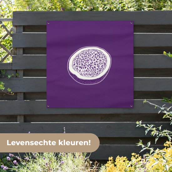 Tuinposter 100x100 cm - Tuindecoratie Passievrucht - Zaadjes - Paars - Minimalistisch - Poster voor in de tuin - Buiten decoratie - Schutting tuinschilderij - Tuindoek muurdecoratie - Wanddecoratie balkondoek