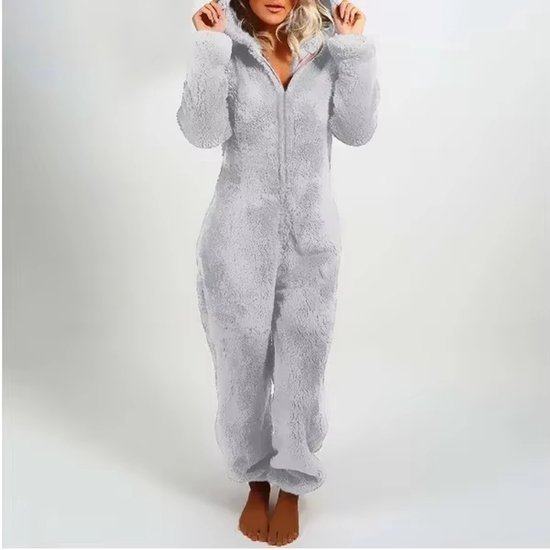 Warme fleece dames onesie met rits en capuchon – Zachte winter pyjama van pluche – Loungewear nachtkleding maat M
