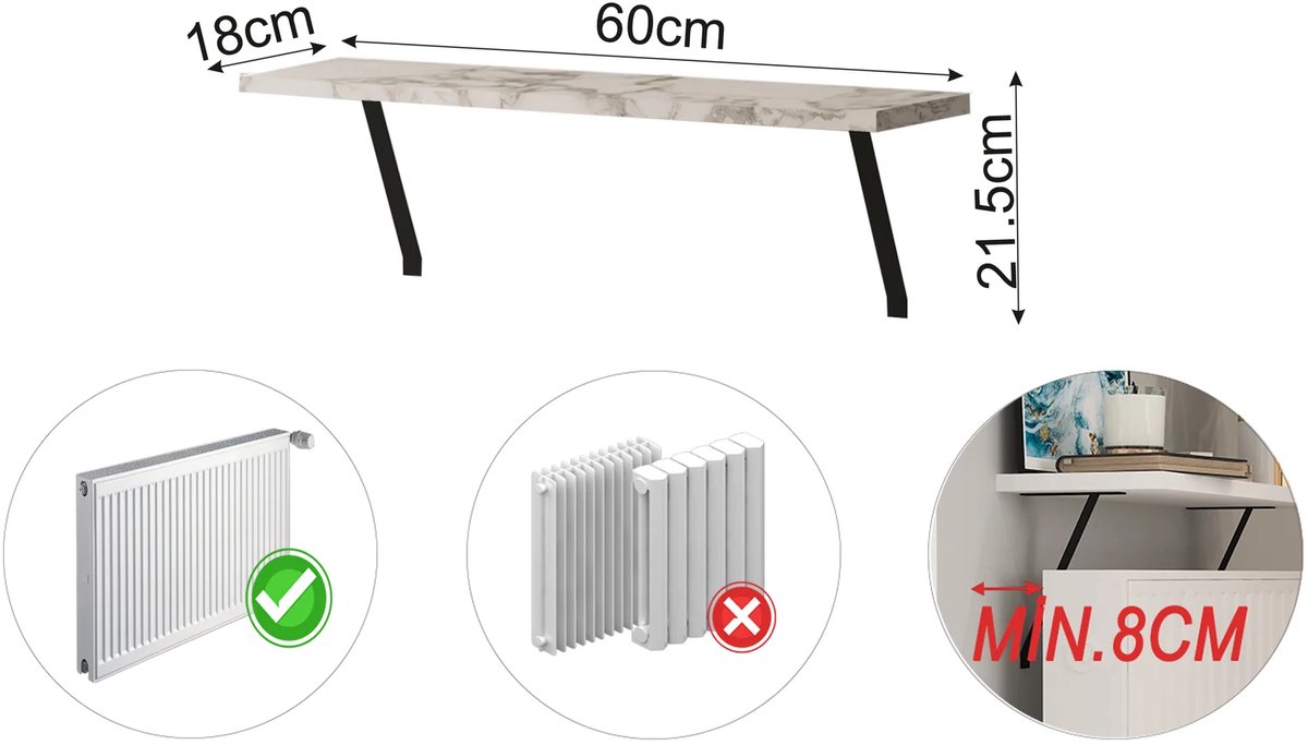 Radiatorrek zonder boren, radiatorplank zonder boren, decoratie van de scheidingswand boven de verwarmde kap, geen gaten boren voor de installatie, voor thuiskantoor (100 cm