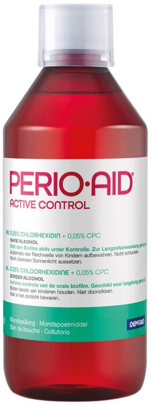 Perio•Aid Active Control mondspoelmiddel met 0,05% chloorhexidine en 0,05% CPC. Fles van 500 ml.