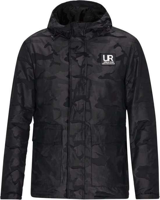 Zwarte jas met capuchon en camouflageprint, met drukknoopsluiting en twee voorzakken.