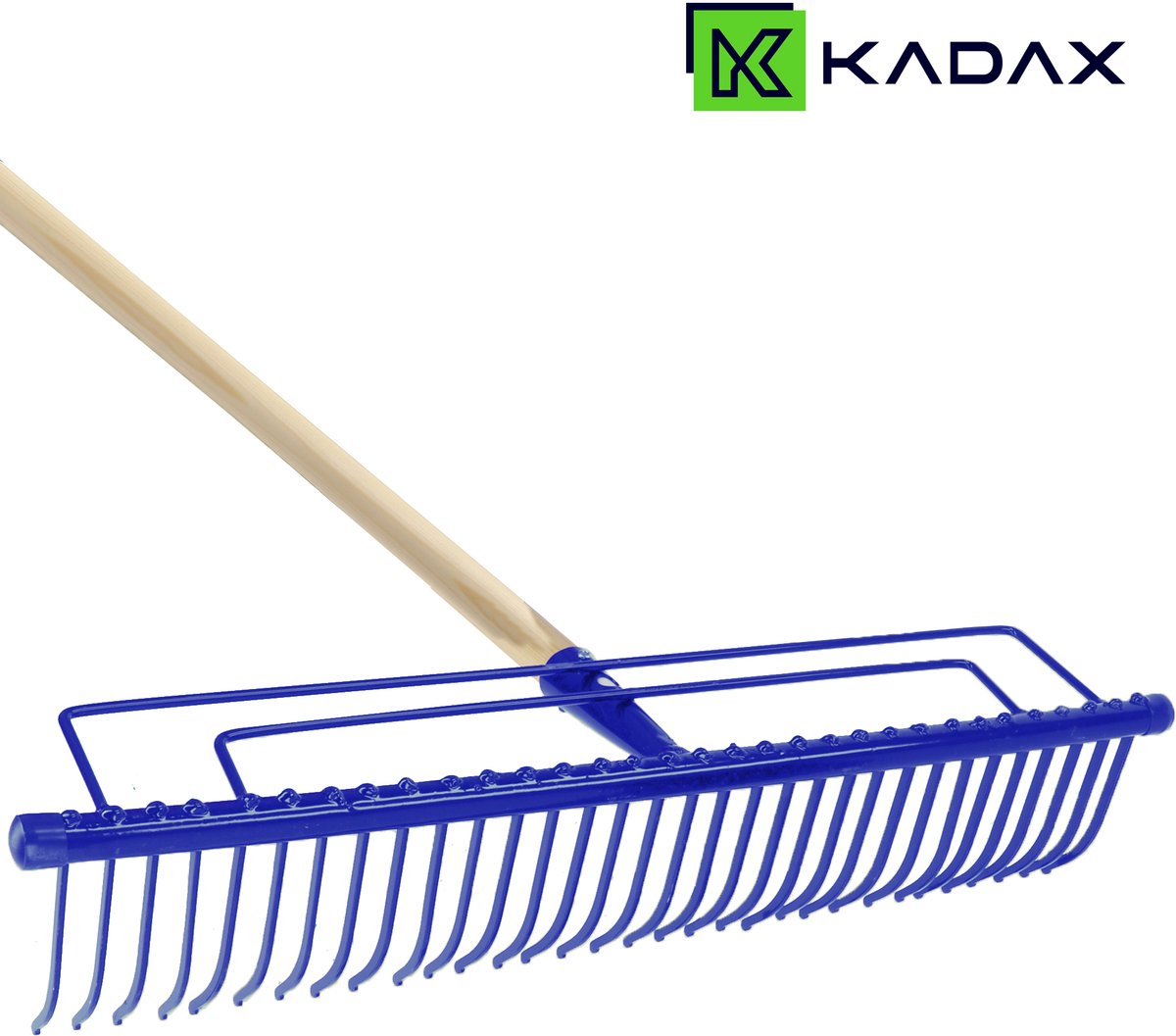 KADAX metalen hark met lang houten handvat, zware hark voor het egaliseren van de grond en wieden, tuinhark voor het losmaken van de grond in bloembedden (14 tanden