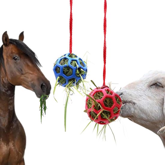 Een paard en een geit eten uit twee hangende hoedpuzzelballen, één blauw en één rood, gevuld met hooi.