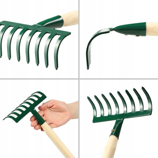 KADAX kleine metalen hark, hark gemaakt van hout, lommerrijke bezems, lekken, gazonhark voor tuin, tuin hicke, handhark, kleine ventilatorbroom (8 tanden, kort, hout, metaal) van Merkloos	 — afbeelding 2