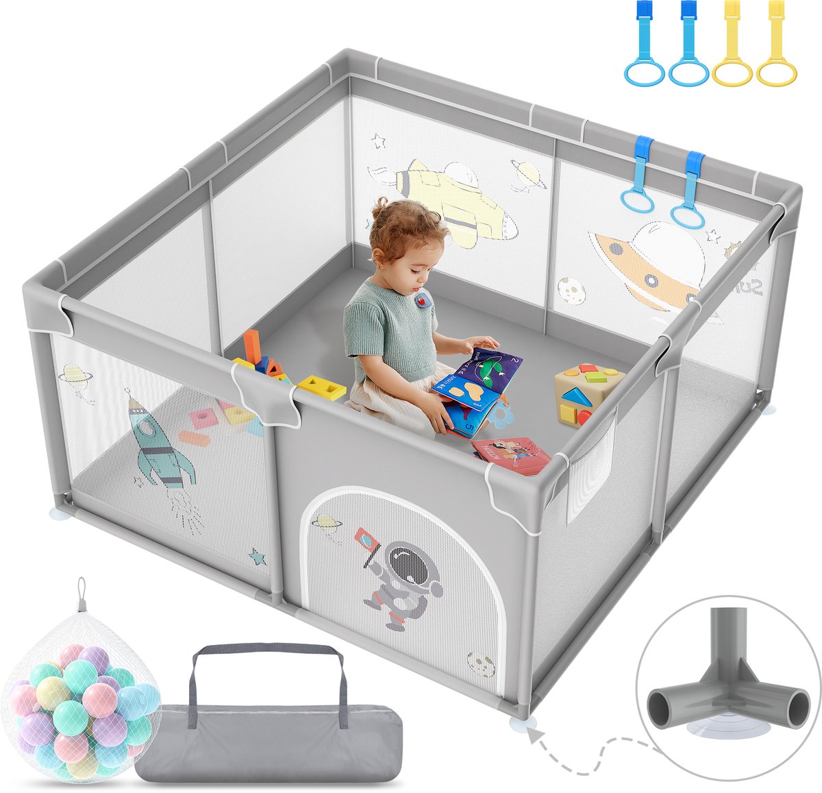 Babybox, draagbare veiligheidsbarrière met 50 ballen, 127x127x68cm Box, veilige speelruimte met ademend gaas, ritssluiting en 4 trekringen (Grijs mit Astronautenmotiven)