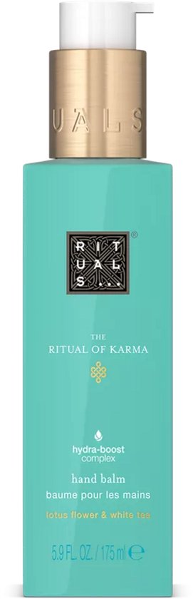 Rituals of Karma hand balm, 175ml, turquoise fles met gouden pompje.