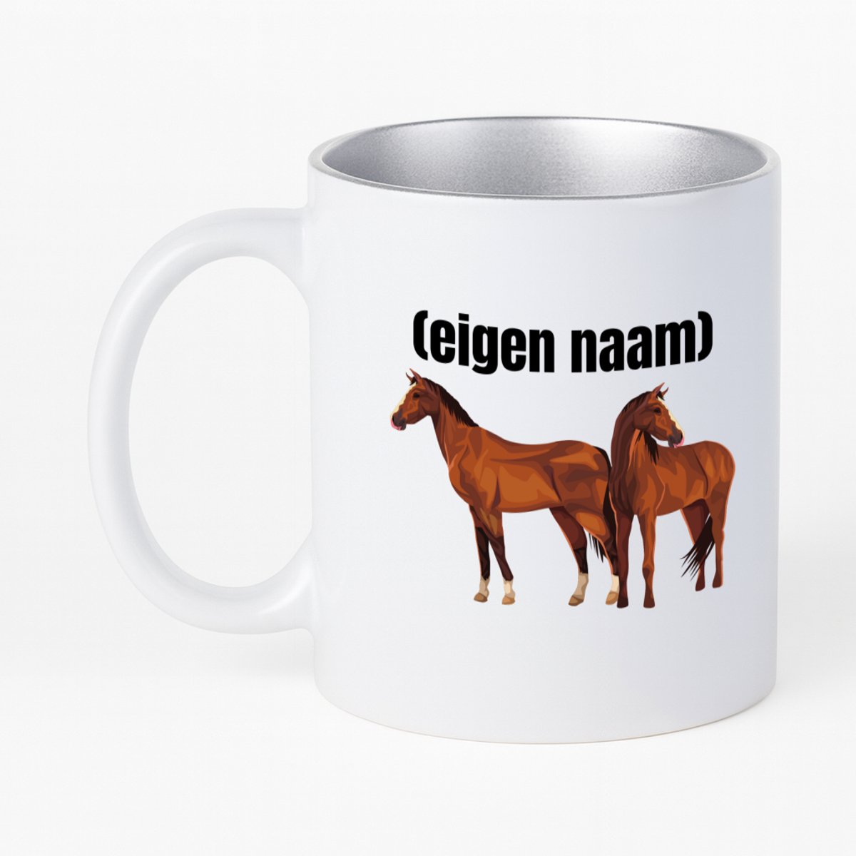 Hacebo® - paarden koffiebeker met zilver kleurige binnenkant - Paarden - paardenliefhebebrs - thee mok - koffie beker - met eigen naam - Paarden spullen - Gepersonaliseerd - koffiemok - 330 ML
