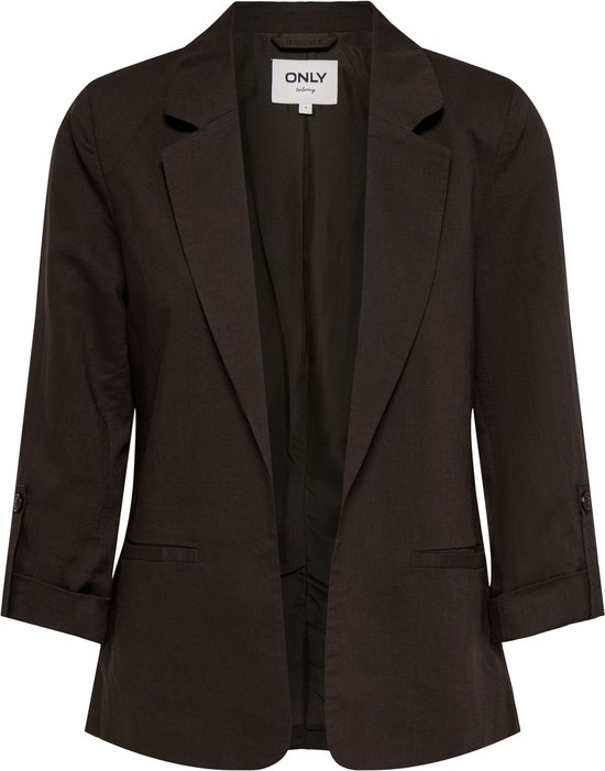 Een openhangende donkerbruine blazer met 3/4 mouwen, merk 'ONLY'.