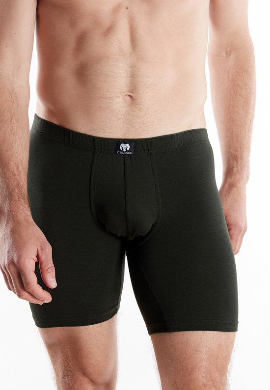 Donkergroene, lange boxer met fijne ribbels, elastische band en logo.