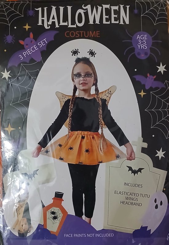 Costume d'Halloween (orange) 6-8 ans (jupe, ailes, serre-tête)