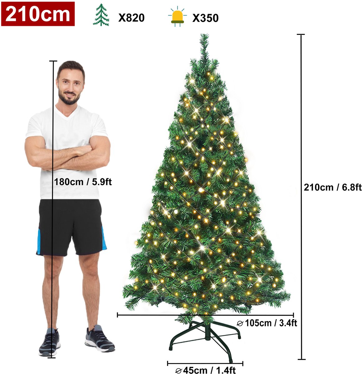 210cm Kunstkerstboom Met Warm Witte Led-Verlichting Inclusief Metalen Standaard En Punten, Pvc-Kerstboom Voor Kerstversiering, Herbruikbaar (Groen Pvc + Led) – foto 2