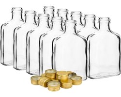 Glazen Flesjes 100 ML - 10 Stuks - Plat Model - Gouden Schroefdoppen - Luchtdicht - Lekvrij - Dik Veilig Glas - Herbruikbaar - Eenvoudig Te Steriliseren - Mini Likeur Flesjes - Voor Saus - Olie - Parfum - Cosmetica - Shotjes - Bruiloft