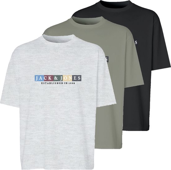 Set van drie T-shirts in lichtgrijs, saliegroen en zwart, elk met 'JACK & JONES' logo.