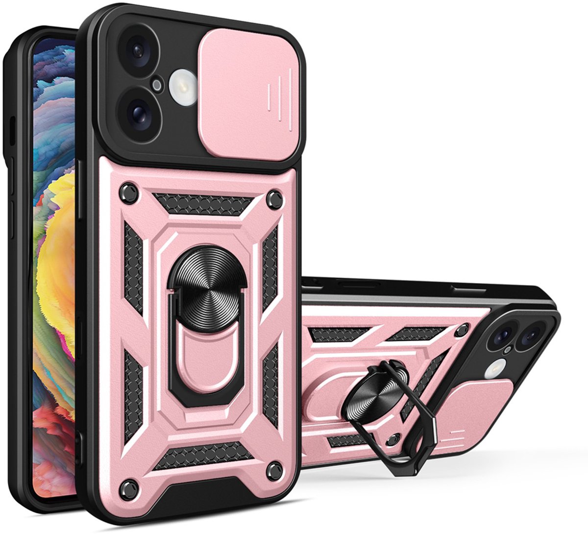 MobyDefend Hoesje - Geschikt voor iPhone 17 - Pantsercase Met Draaibare Ring - Rosé