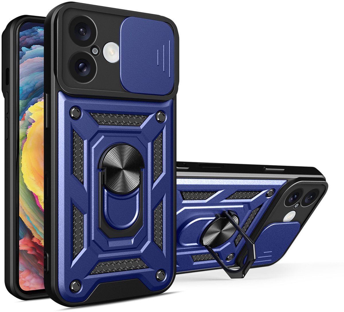 MobyDefend Hoesje - Geschikt voor iPhone 17 - Pantsercase Met Draaibare Ring - Blauw