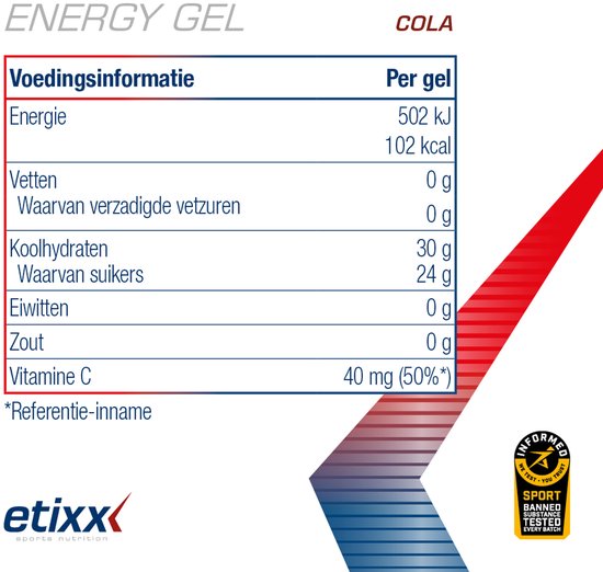 Etixx Energy Gel Cola - Sports Nutrition - Energy Gel - 12 x 40 ml - Cola- 30G Koolhydraten - Snelle Energielevering - Langdurig effect - Optimale opname - 2:1 Glucose:Fructose - Verbeterde Formule — afbeelding 2