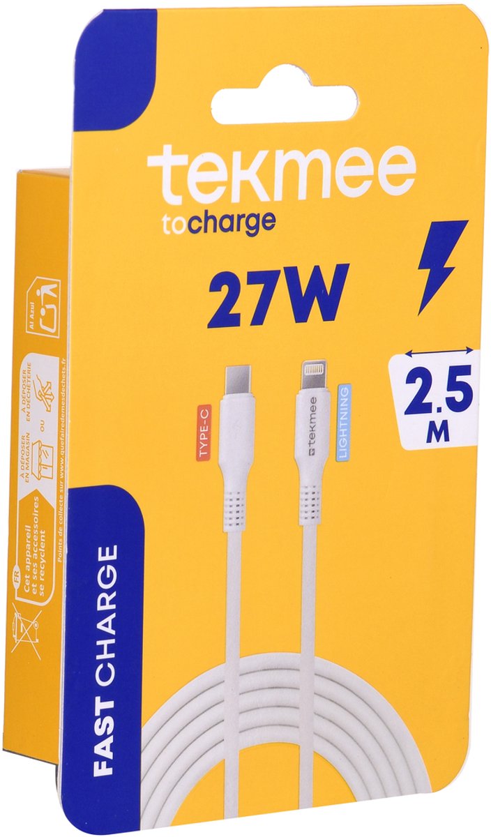 Tekmee Oplaadkabel - USB-C naar Lightning Kabel – 27W Snelladen – 2.5M – Wit